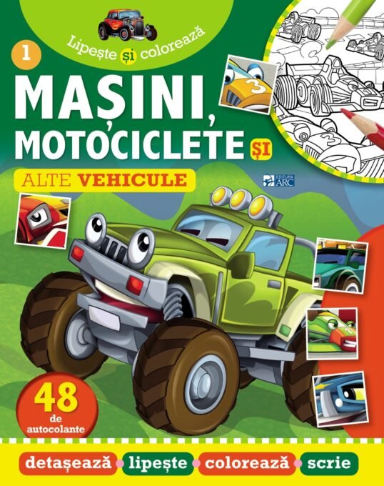 Mașini, motociclete și alte vehicule. Lipește și colorează